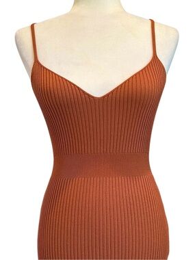 Forever 21 Burnt Orange Ribbed Bodycon Midi V-neck Dress Size S